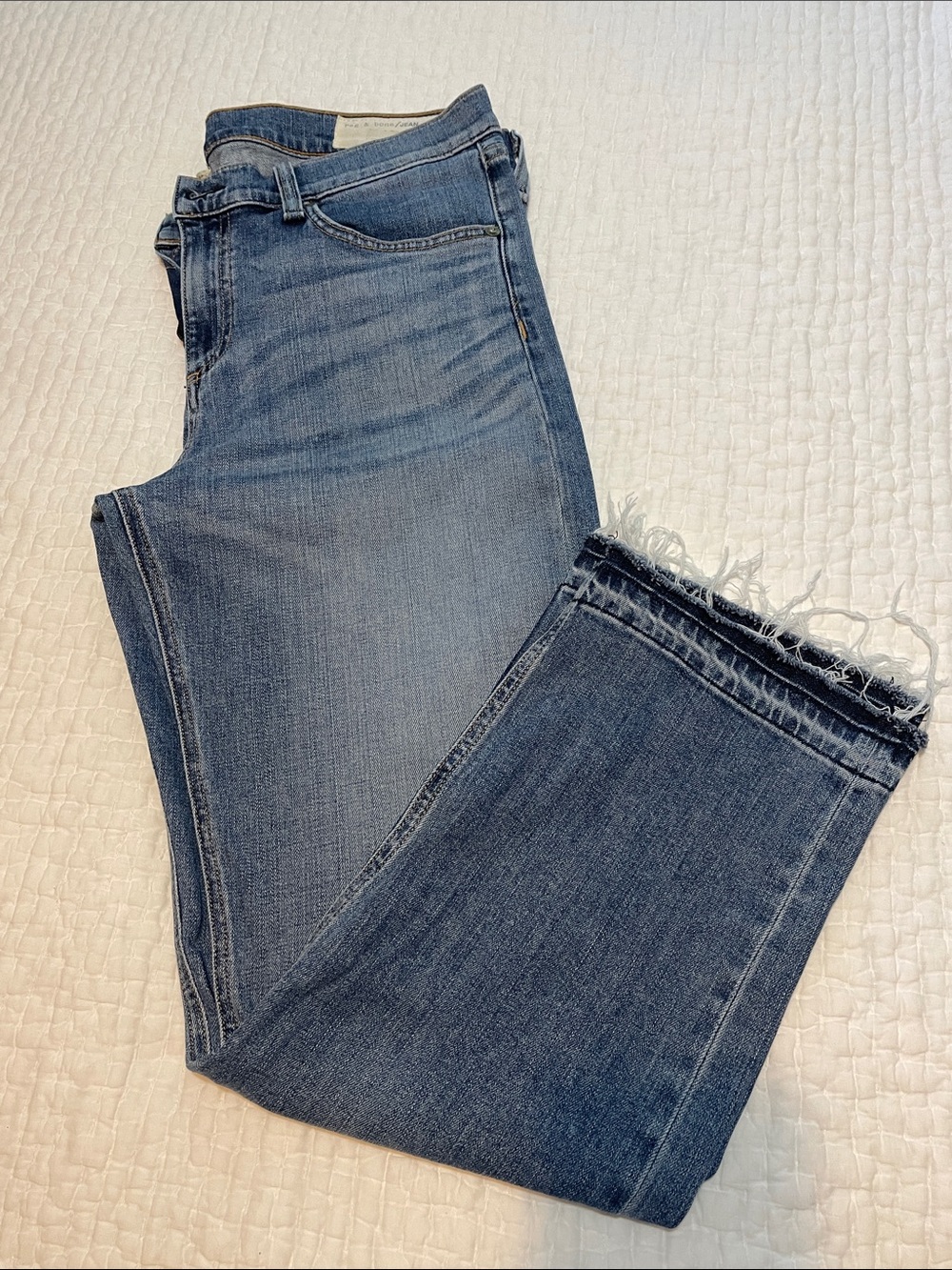 rag & bone Medium Blue Ankle Jeans with Frayed Hem